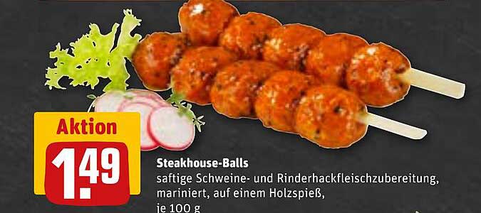 Steakhouse-Balls saftige Schweine- und Rinderhackfleischzubereitung, mariniert, auf einem Holzspieß, je 100 g
