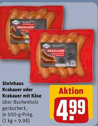 Steinhaus Krakauer oder Krakauer mit Käse über Buchenholz geräuchert, je 500-g-Pckg. (1 kg = 9.98)