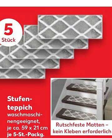 Stufen-teppich waschmaschinengeeignet, je ca. 59 x 21 cm, je 5-St.-Pack. Rutschfeste Matten – kein Kleben erforderlich