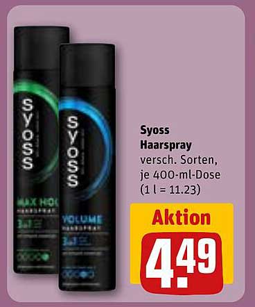 Syoss Haarspray versch. Sorten, je 400-ml-Dose (1 l = 11.23)