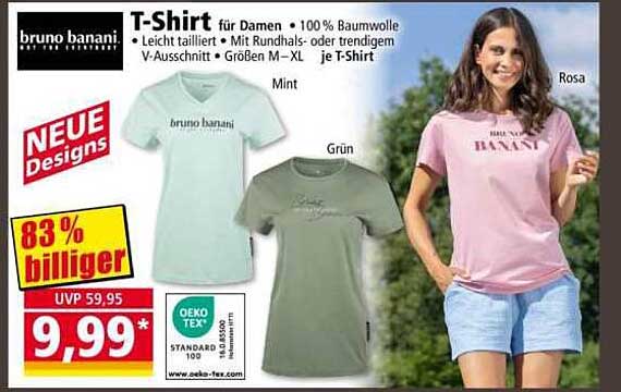 T-Shirt für Damen • 100 % Baumwolle • Leicht tailliert • Mit Rundhals- oder trendigem V-Ausschnitt • Größen M–XL je T-Shirt