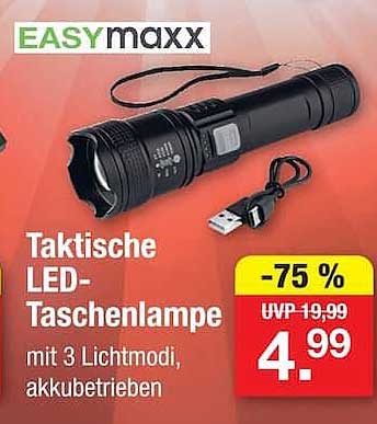 Taktische LED-Taschenlampe mit 3 Lichtmodi, akkubetrieben