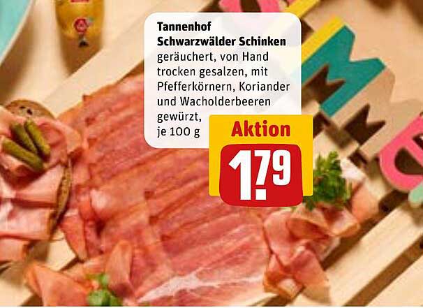 Tannenhof Schwarzwälder Schinken geräuchert, von Hand trocken gesalzen, mit Pfefferkörnern, Koriander und Wacholderbeeren gewürzt, je 100 g