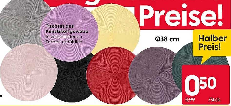 Tischset aus Kunststoffgewebe in verschiedenen Farben erhältlich. Ø38 cm Halber Preis!