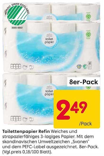 Toilettenpapier Refin Weiches und strapazierfähiges 3-lagiges Papier. Mit dem skandinavischen Umweltzeichen „Svanen“ und dem PEFC-Label ausgezeichnet. 8er-Pack.