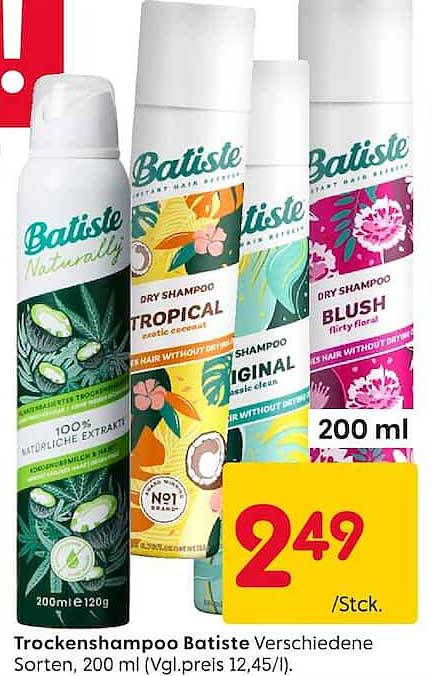 Trockenshampoo Batiste Verschiedene Sorten, 200 ml (Vgl.preis 12,45/l).