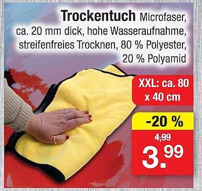 Trockentuch Microfaser, ca. 20 mm dick, hohe Wasseraufnahme, streifenfreies Trocknen, 80 % Polyester, 20 % Polyamid
