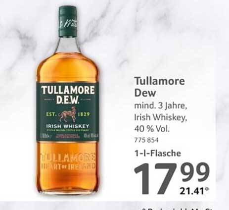Tullamore Dew mind. 3 Jahre, Irish Whiskey, 40 % Vol. 775 854. 1-l-Flasche