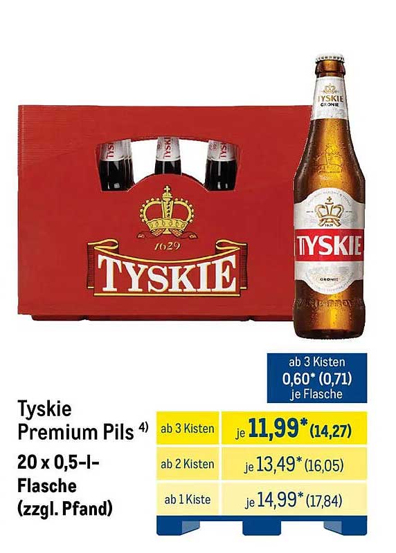 Tyskie Premium Pils 20 x 0,5-l-Flasche (zzgl. Pfand)