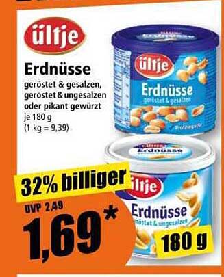 ültje Erdnüsse geröstet & gesalzen, geröstet & ungesalzen oder pikant gewürzt je 180 g