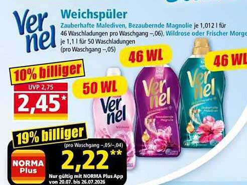 Vernel Weichspüler Zauberhafte Malediven, Bezaubernde Magnolie je 1,012 l für 46 Waschladungen pro Waschgang –,06, Wildrose oder Frischer Morgen je 1,1 l für 50 Waschladungen pro Waschgang –,05