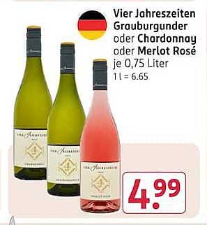 Vier Jahreszeiten Grauburgunder oder Chardonnay oder Merlot Rosé je 0,75 Liter