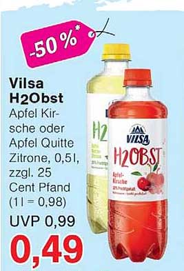 Vilsa H2Obst Apfel Kirsch oder Apfel Quitte Zitrone, 0,5l, zzgl. 25 Cent Pfand (1l = 0,98)