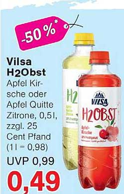 Vilsa H2Obst Apfel Kirsche oder Apfel Quitte Zitrone, 0,5l, zzgl. 25 Cent Pfand (1 l = 0,98) UVP 0,99