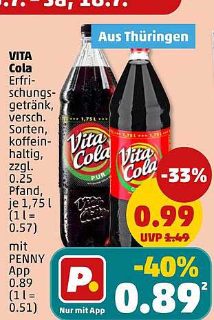 VITA Cola Erfrischungsgetränk, versch. Sorten, koffeinhaltig, zzgl. 0.25 Pfand, je 1,75 l (1 l = 0.57) mit PENNY App
