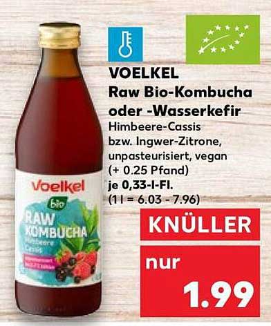 VOELKEL Raw Bio-Kombucha oder -Wasserkefir Himbeere-Cassis bzw. Ingwer-Zitrone, unpasteurisiert, vegan (+ 0,25 Pfand) je 0,33-l-Fl.