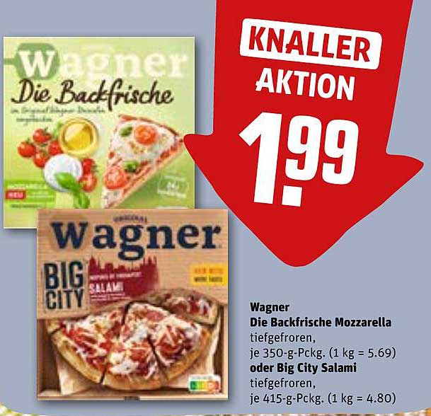 Wagner Die Backfrische Mozzarella tiefgefroren, je 350-g-Packg. (1 kg = 5.69) oder Big City Salami tiefgefroren, je 415-g-Packg. (1 kg = 4.80)