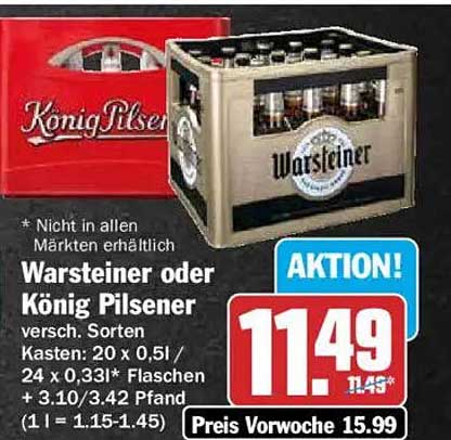 Warsteiner oder König Pilsener vers. Sorten Kasten: 20 x 0,5l / 24 x 0,33l* Flaschen + 3.10/3.42 Pfand (1 l = 1.15-1.45)