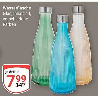 Wasserflasche Glas, Inhalt: 1 l, verschiedene Farben
