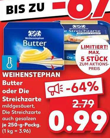 WEIHENSTEPHAN Butter oder Die Streichzarte mildgesäuert, Die Streichzarte auch gesalzen je 250-g-Packg. (1 kg = 3.96)