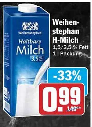 Weihenstephan H-Milch 1,5/3,5 % Fett 1 l Packung