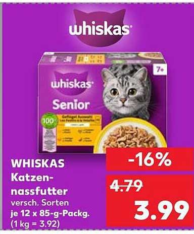 WHISKAS Katzen-nassfutter versch. Sorten je 12 x 85-g-Packg. (1 kg = 3.92)