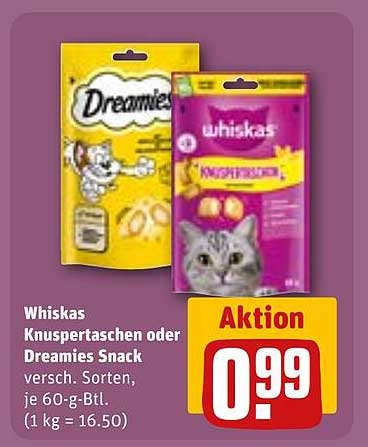 Whiskas Knuspertaschen oder Dreamies Snack versch. Sorten, je 60-g-Btl. (1 kg = 16.50)