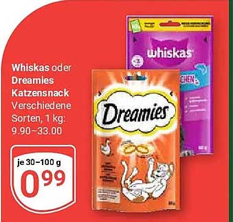 Whiskas oder Dreamies Katzensnack Verschiedene Sorten, 1 kg: 9,90–33,00