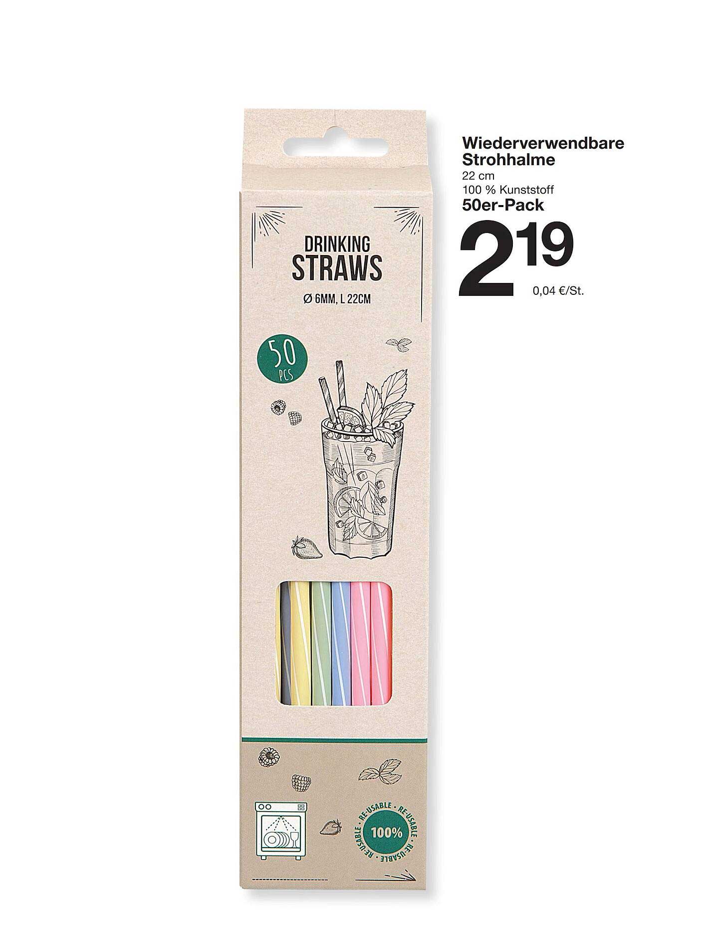 Wiederverwendbare Strohhalme 22 cm 100 % Kunststoff 50er-Pack