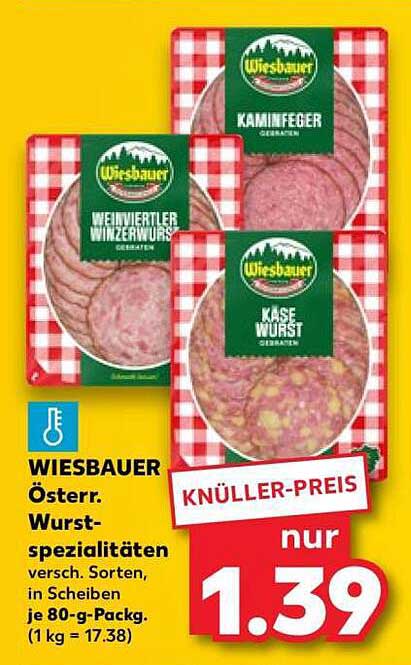 WIESBAUER Österr. Wurst-spezialitäten versch. Sorten, in Scheiben je 80-g-Packg. (1 kg = 17,38)
