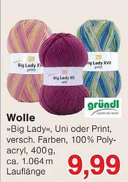Wolle »Big Ladyx, Uni oder Print, versch. Farben, 100% Polyacryl, 400 g, ca. 1.064 m Lauflänge