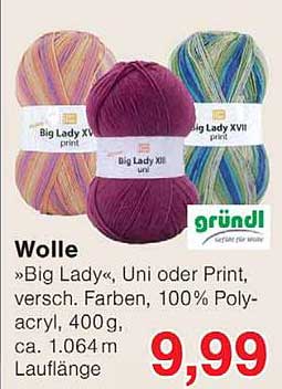 Wolle »Big Ladyx, Uni oder Print, versch. Farben, 100% Polyacryl, 400g, ca. 1.064 m Lauflänge
