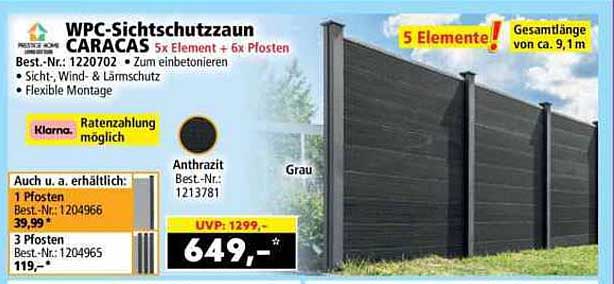 WPC-Sichtschutzzaun CARACAS 5x Element + 6x Pfosten