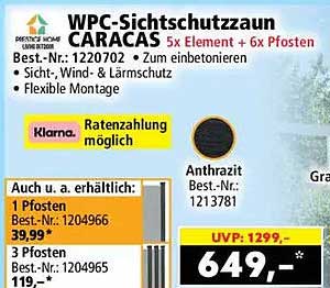 WPC-Sichtschutzzaun CARACAS 5x Element + 6x Pfosten