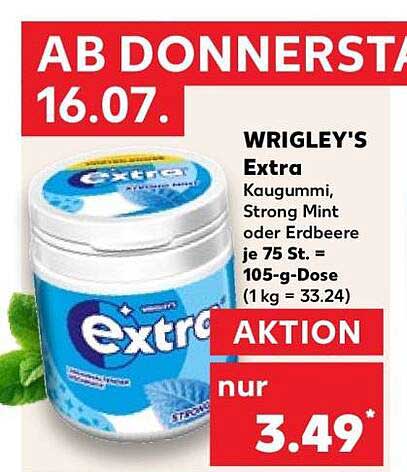 WRIGLEY'S Extra Kaugummi, Strong Mint oder Erdbeere je 75 St. = 105-g-Dose (1kg = 33.24)