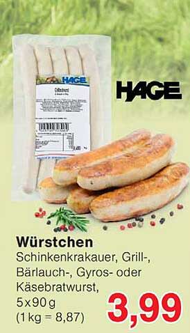 Würstchen Schinkenkrakauer, Grill-, Bärlauch-, Gyros- oder Käsebratwurst, 5 x 90 g (1 kg = 8,87)