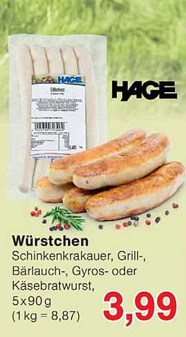 Würstchen Schinkenkrakauer, Grill-, Bärlauch-, Gyros- oder Käsebratwurst, 5x90 g