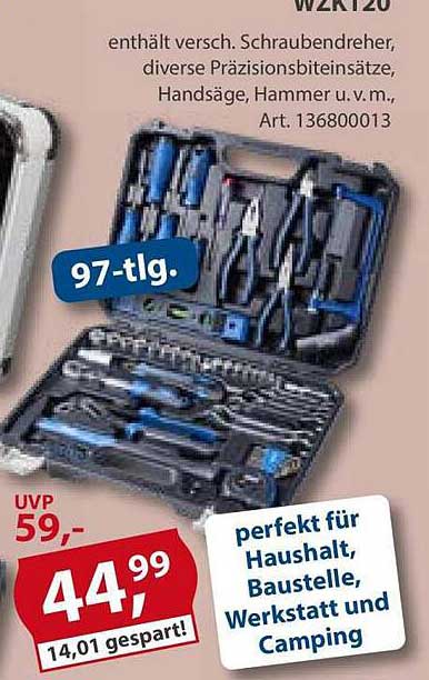 WZK120 enthält versch. Schraubendreher, diverse Präzisionsbit Einsätze, Handsäge, Hammer u.v.m., Art. 136800013
