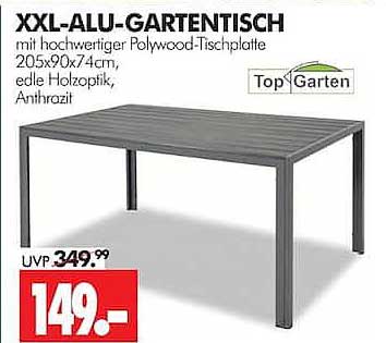 XXL-ALU-GARTENTISCH mit hochwertiger Polywood-Tischplatte 205x90x74cm, edle Holzoptik, Anthrazit
