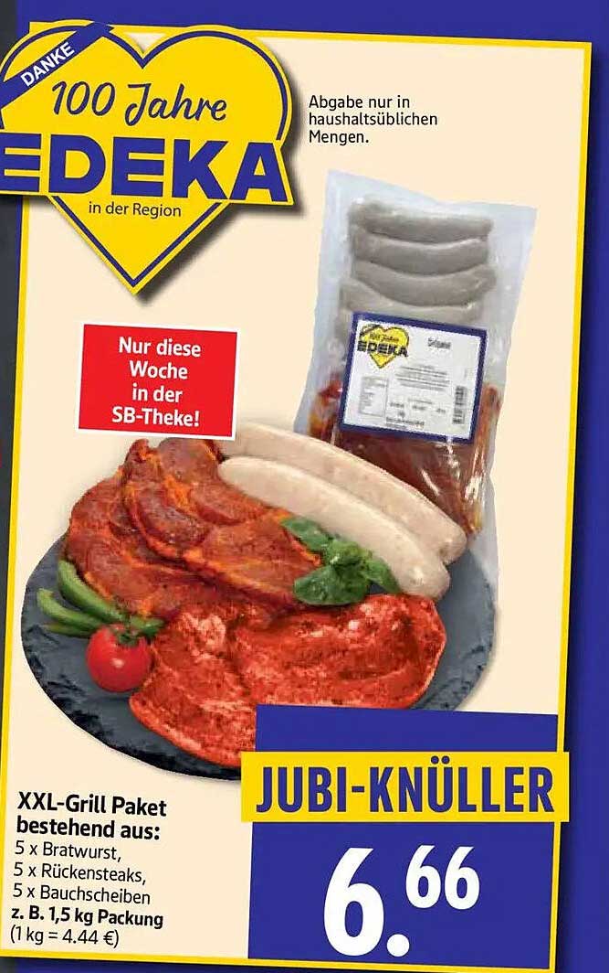 XXL-Grill Paket bestehend aus: 5 x Bratwurst, 5 x Rückensteaks, 5 x Bauchscheiben, z. B. 1,5 kg Packung (1 kg = 4.44 €)