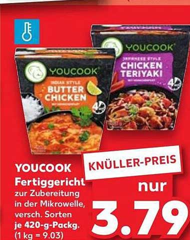 YOUCOOK Fertiggericht zur Zubereitung in der Mikrowelle, versch. Sorten, je 420-g-Packg. (1 kg = 9.03)