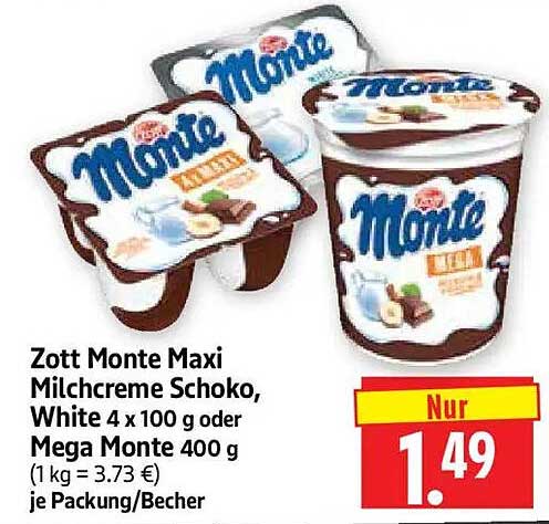 Zott Monte Maxi Milchcreme Schoko, White 4 x 100 g oder Mega 400 g