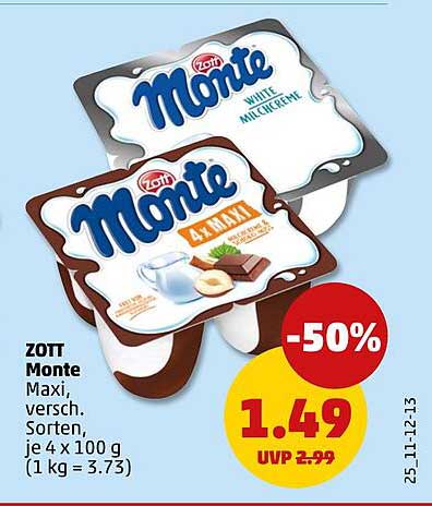 Zott Monte Maxi, versch. Sorten, je 4 x 100 g