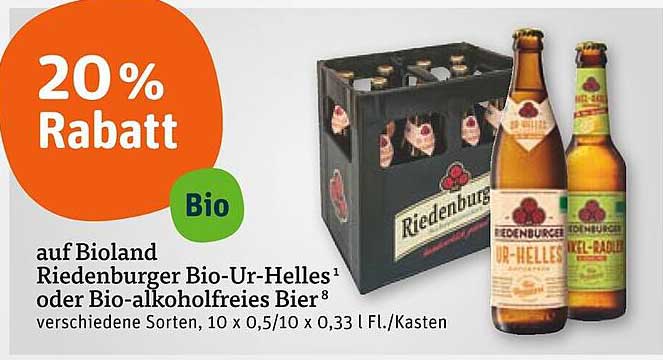 20% Rabatt auf Bioland Riedenburger Bio-Ur-Helles oder Bio-alkoholfreies Bier
