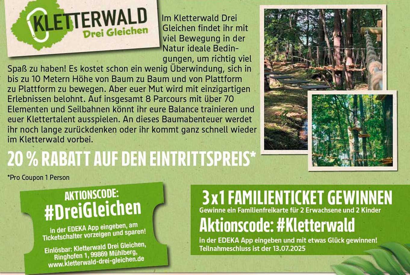 20 % Rabatt auf den Eintrittspreis im Kletterwald Drei Gleichen