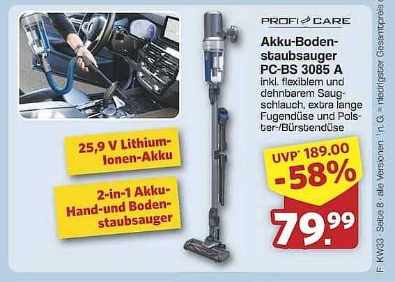 Akku-Bodenstaubsauger PC-BS 3085 A inkl. flexibel und dehnbarem Saugschlauch, extra lange Fugendüse und Polster-/Bürstendüse