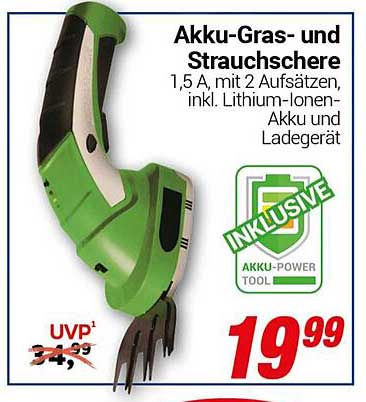 Akku-Gras- und Strauchschere 1,5 A, mit 2 Aufsätzen