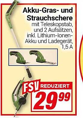 Akku-Gras- und Strauchschere mit Teleskopstab und 2 Aufsätzen, inkl. Lithium-Ionen-Akku und Ladegerät, 1,5 A