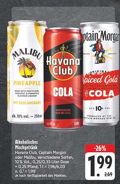 Alkoholfreies Mischgetränk - Havanna Club, Captain Morgan oder Malibu, verschiedene Sorten