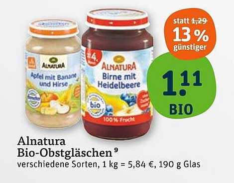 Alnatura Bio-Obstgläschen – Apfel mit Banane und Hirse / Birne mit Heidelbeere